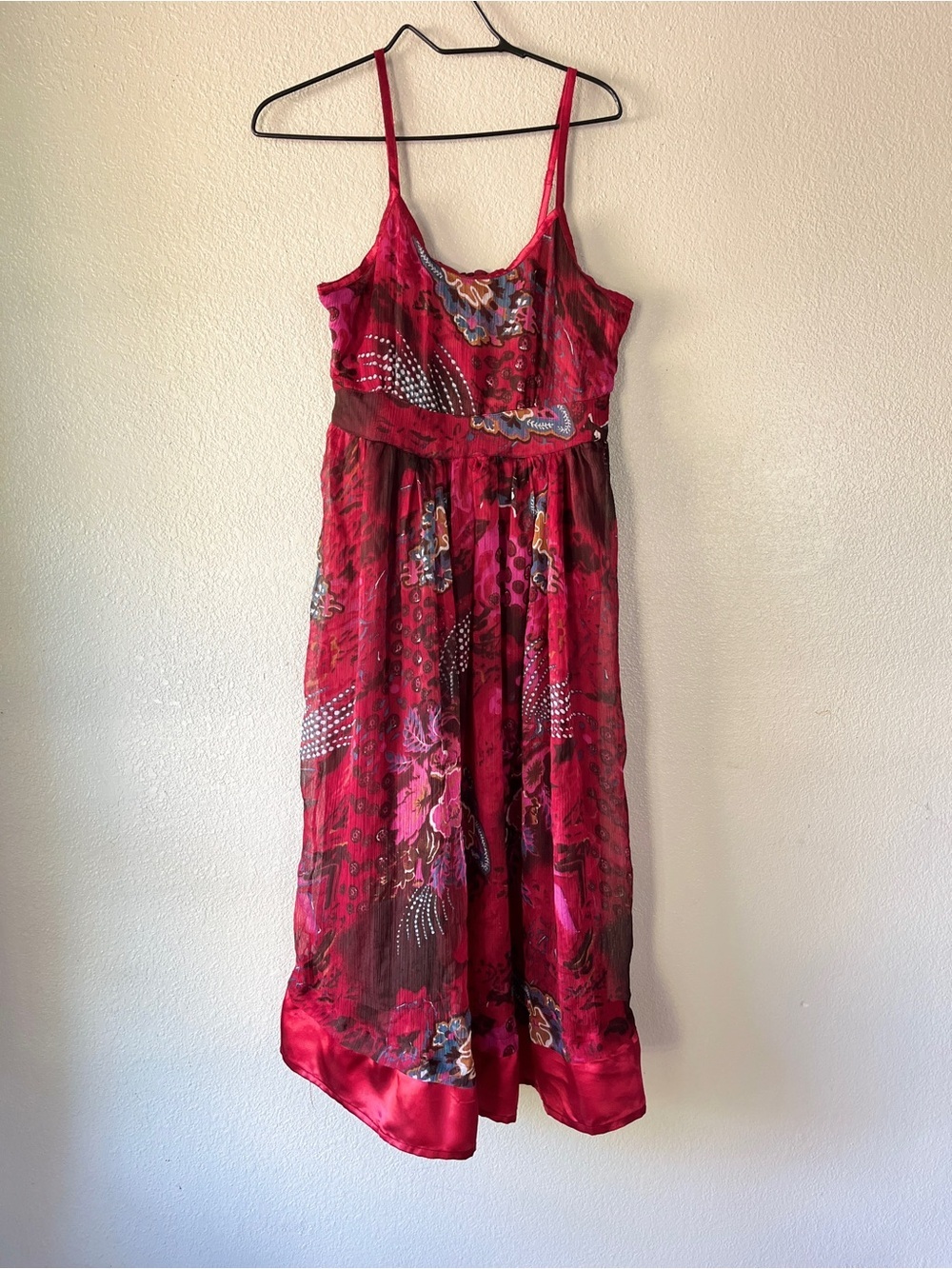 Kaaku Red Floral Silk-Look Spaghetti Strap Midi Dress